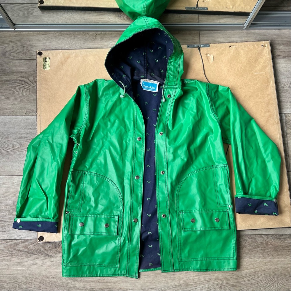 Vintage Green Rainskins Raincoat / Rain Jacket Size Women’s L Large